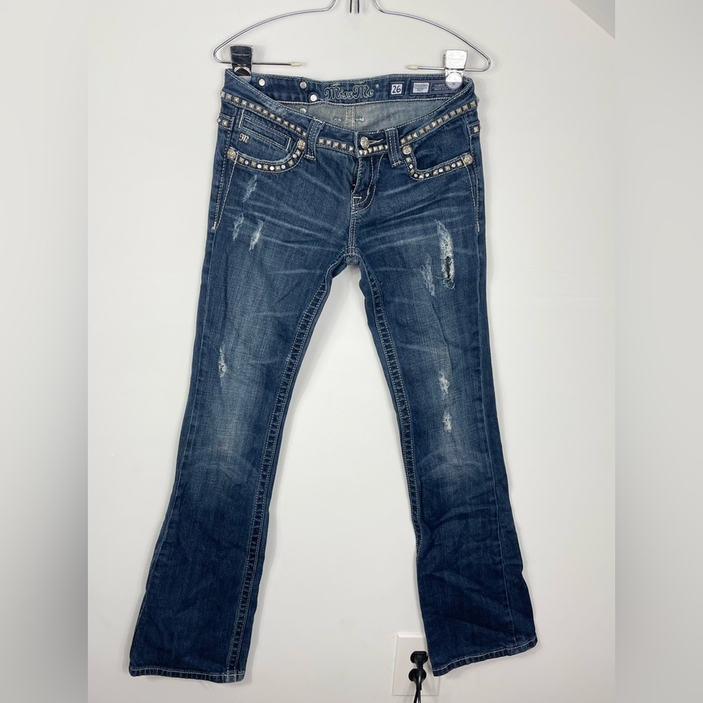 Miss Me Jeans Women’s 26 Dark Wash Boot Cut Rhinestone Studs Embellished Low Ris